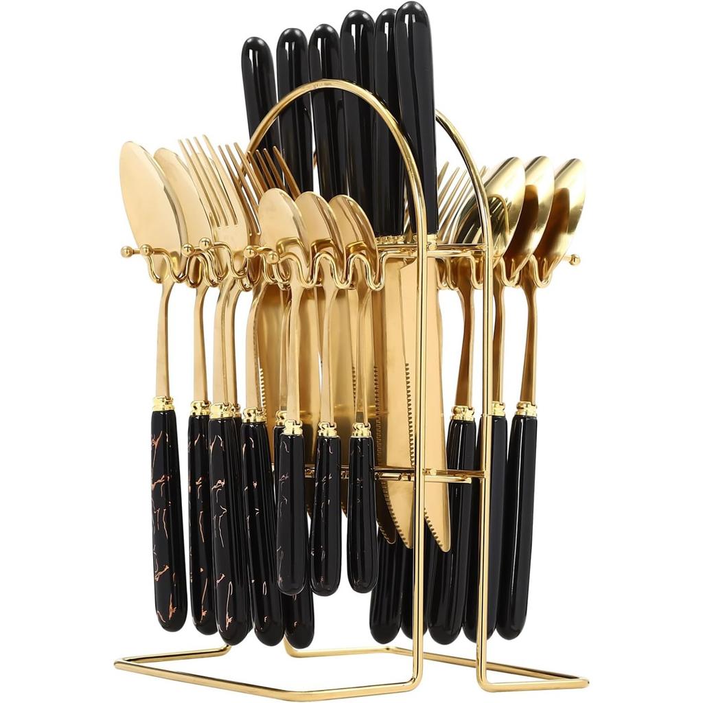24pcs Mixed Cutlery Set Stainless Steel Ceramic Handle Tableware Dinnerware Set with Storage Stand-Knives/Spoons/Forks/Teaspoons for Family