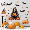 Non Marking Skeleton Bat Wall Art Cute Halloween Decals, Black Cat Witch Pumpkin Stickers, Fall Removable Festive Seasonal Interior Accents