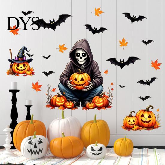 Non Marking Skeleton Bat Wall Art Cute Halloween Decals, Black Cat Witch Pumpkin Stickers, Fall Removable Festive Seasonal Interior Accents