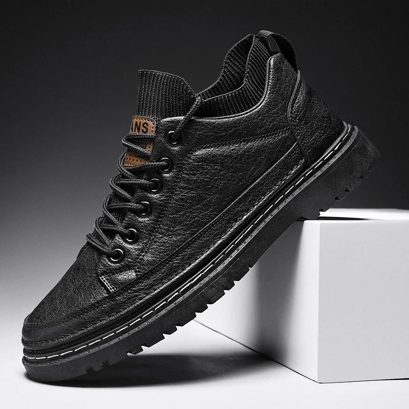 

Однотонные мужские повседневные туфли 2025 года, осень-осень, новые высокие кожаные кроссовки, мужская мода, нескользящая рабочая одежда, легкая обувь 7 39 чёрный