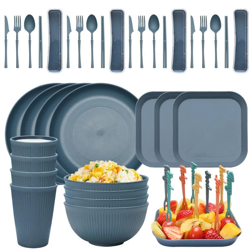 48pcs Plate Sets Wheat Straw Eco-Friendly Ramen Bowl Tableware Dinner Dishes Set Camping Tableware Set With Knife Fork Spoon