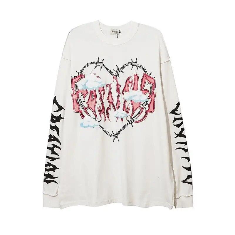 

Harajuku Готическая женская и мужская футболка, летние рубашки в стиле панк для пар, уличная одежда с принтом сердца, свободная футболка в стиле хип-хоп, гранж-графика XL белый