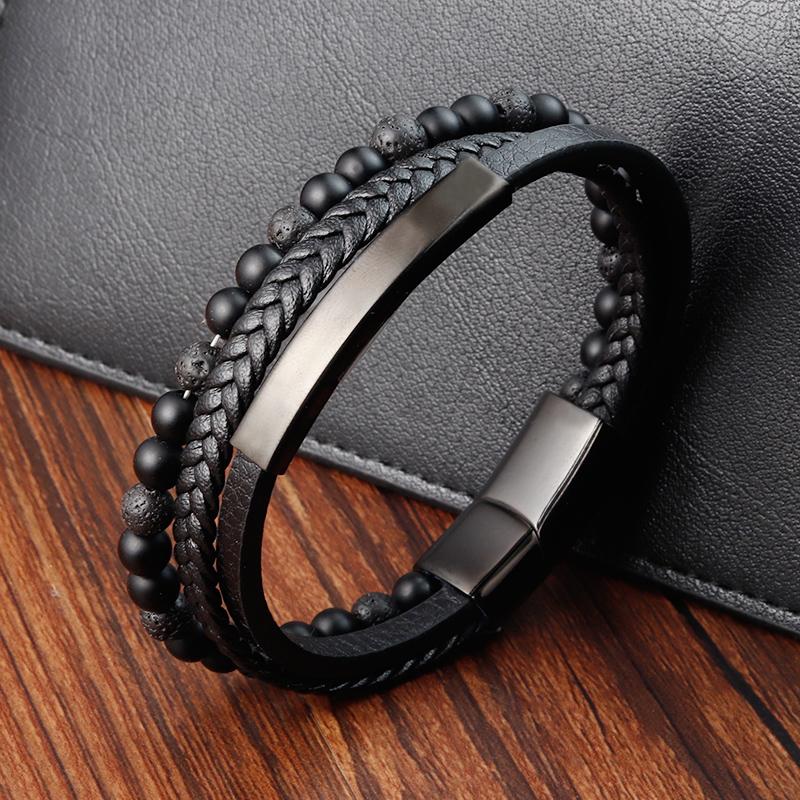 Fashion Natural Stone Beads Men Bracelet Multilayer Leather Bracelet Punk Jewelry Stainless Steel Magnetic Clasp Bangles 21cm