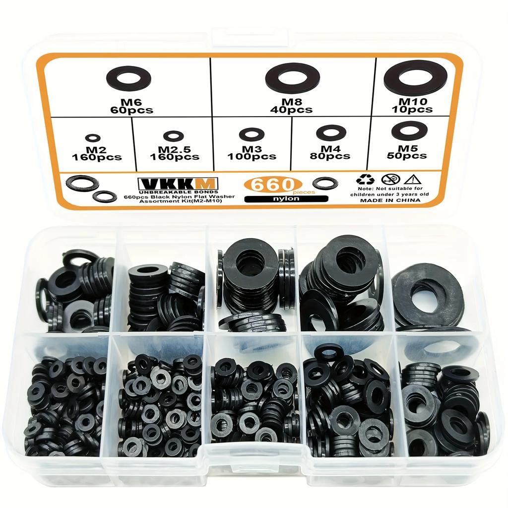 660pcs Black Nylon Flat Washer Assortment Kit: Perfect Electrical Connections for Household & Commercial Appliances (M2-M10)