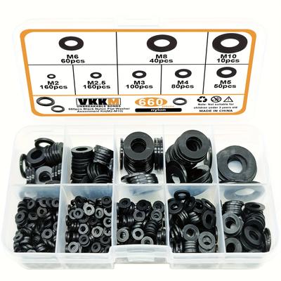 660pcs Black Nylon Flat Washer Assortment Kit: Perfect Electrical Connections for Household & Commercial Appliances (M2-M10)