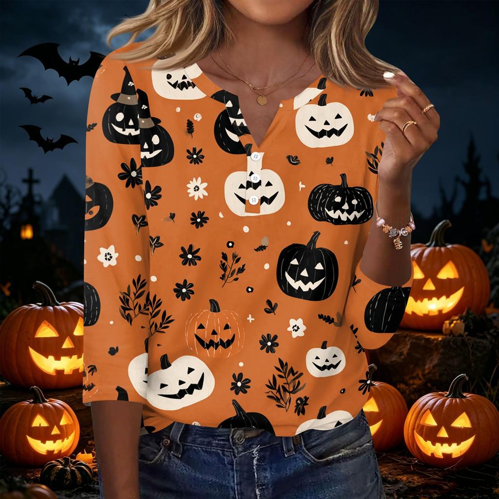 Women's Casual Halloween Print V Neck Button Front Three Quarter Sleeve T Shirt Top for Fall Seasonal Wear