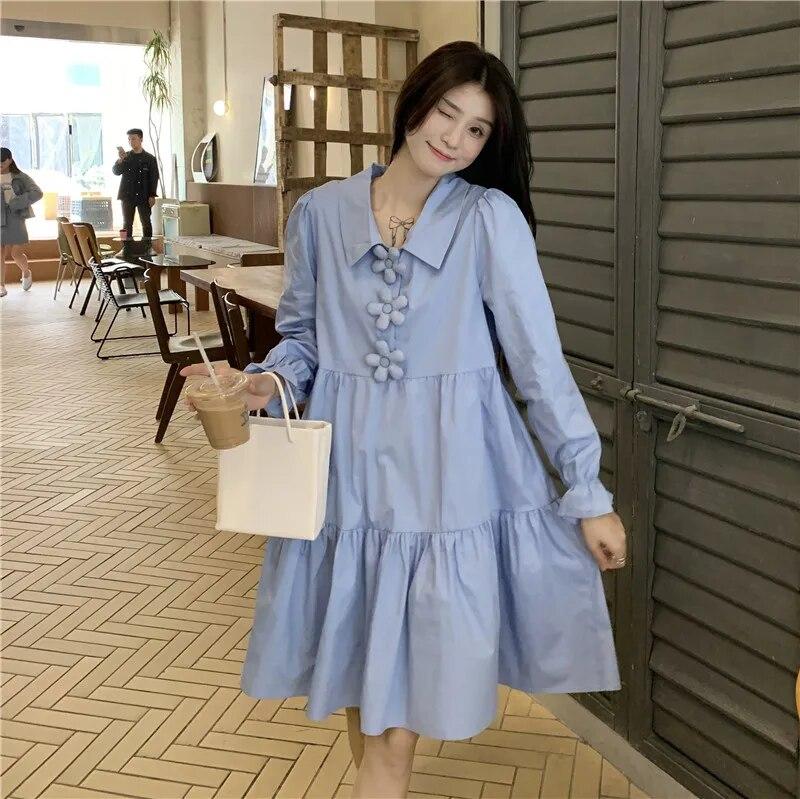 Dresses Women 3D Flower Y2k Autumn Hotsweet Korean Style Simple Long Sleeve High Street All-match Temperament Knee-length Daily