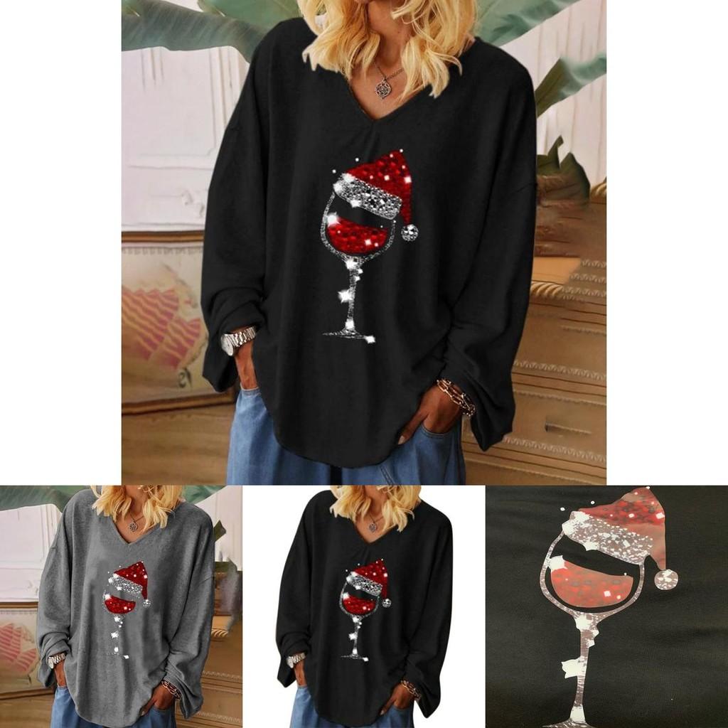 Stylish Womens Christmas Wine Glass Tee T-shirt V-neck Long Sleeve Blouse Tops