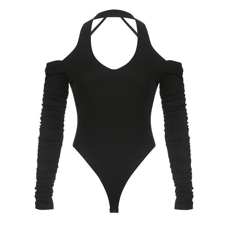 Sleek Black V-Neck Spring Halter Backless Pleated Long-Sleeve Jumpsuit M for 45-50 kg