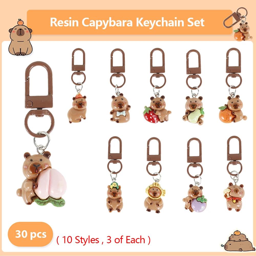 30Pcs Resin Capybara Keychain Charm Set 3D Capybara Keychain Backpack Pendant Mini Cartoon Purse Car Keyrings Handbag Decoration