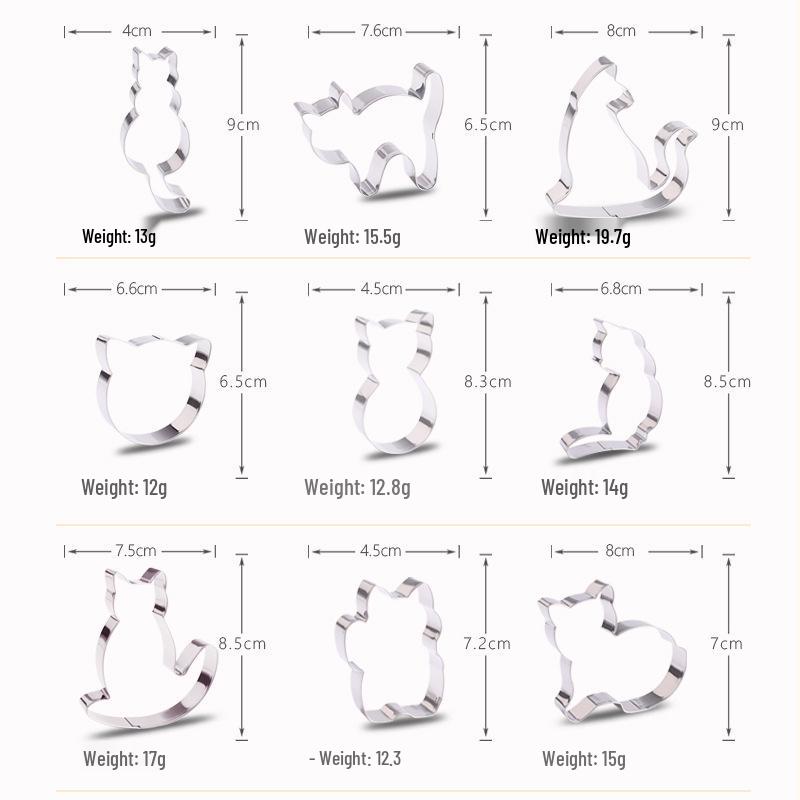 Stainless Steel Cat Cookie Cutter Set, 9-Piece DIY Embossed Baking Molds.