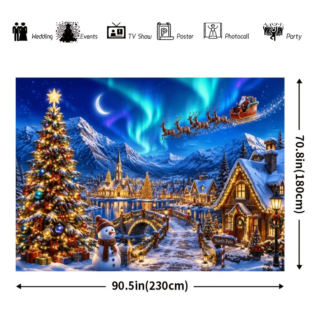 2D flat banner background for a Christmas snowscape town-themed party with a decorated Christmas tree includedzyc