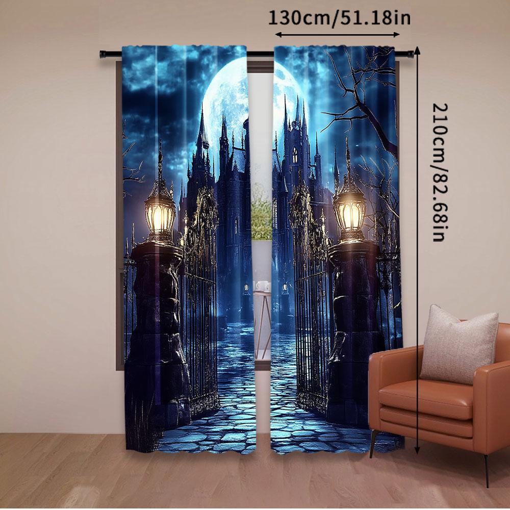 2Pcs Curtain Scary Castle Full Moon Night Spooky Gothic Horror Haunted Mansion Mysterious Magic Cool Suitable For Living Room