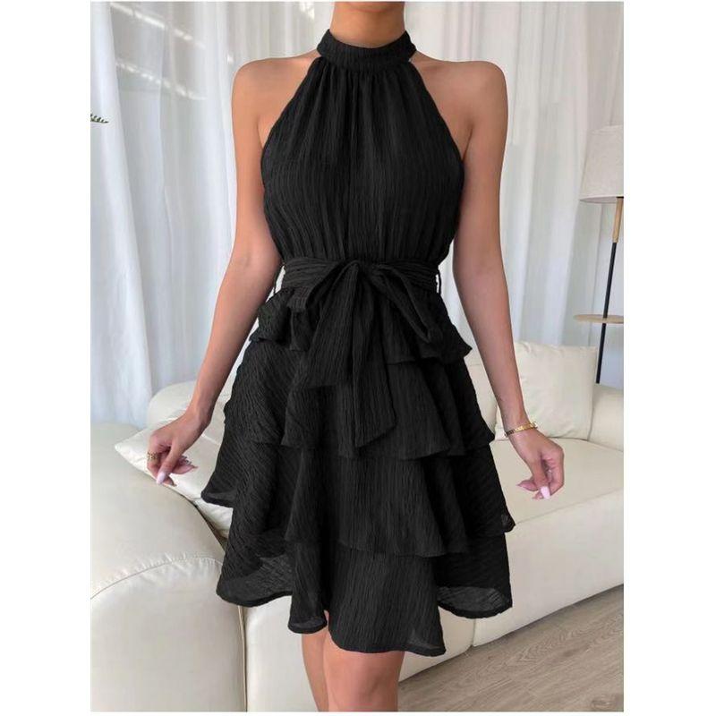 

European and American Fashion Sleeveless Frill Dress Cake Skirt Sleeveless Ruffle Cake Dress Black S