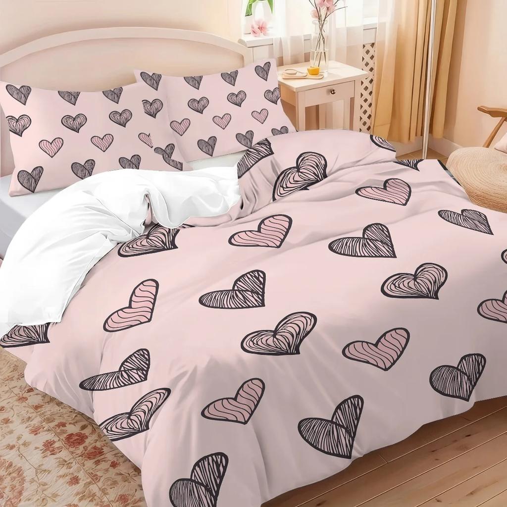 3Pcs Pink Love Bedding Set 3D Printed Coreless Duvet Cover For Bedrooms, Gift For Lover Multiple Sizes, Soft And Comfortable