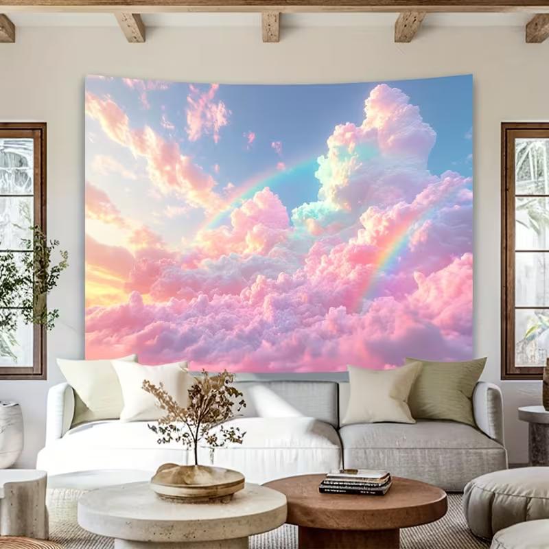 2D Fluffy Pink Cloud Tapestry, Rainbow Pastel Sky Photography Background