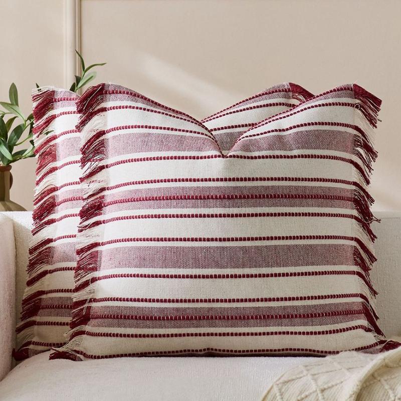 Spring Throw Pillow Covers Striped Pillow Covers with Tassel Boho Farmhouse Cushion Cover for Home Sofa Bed Living Room Decor