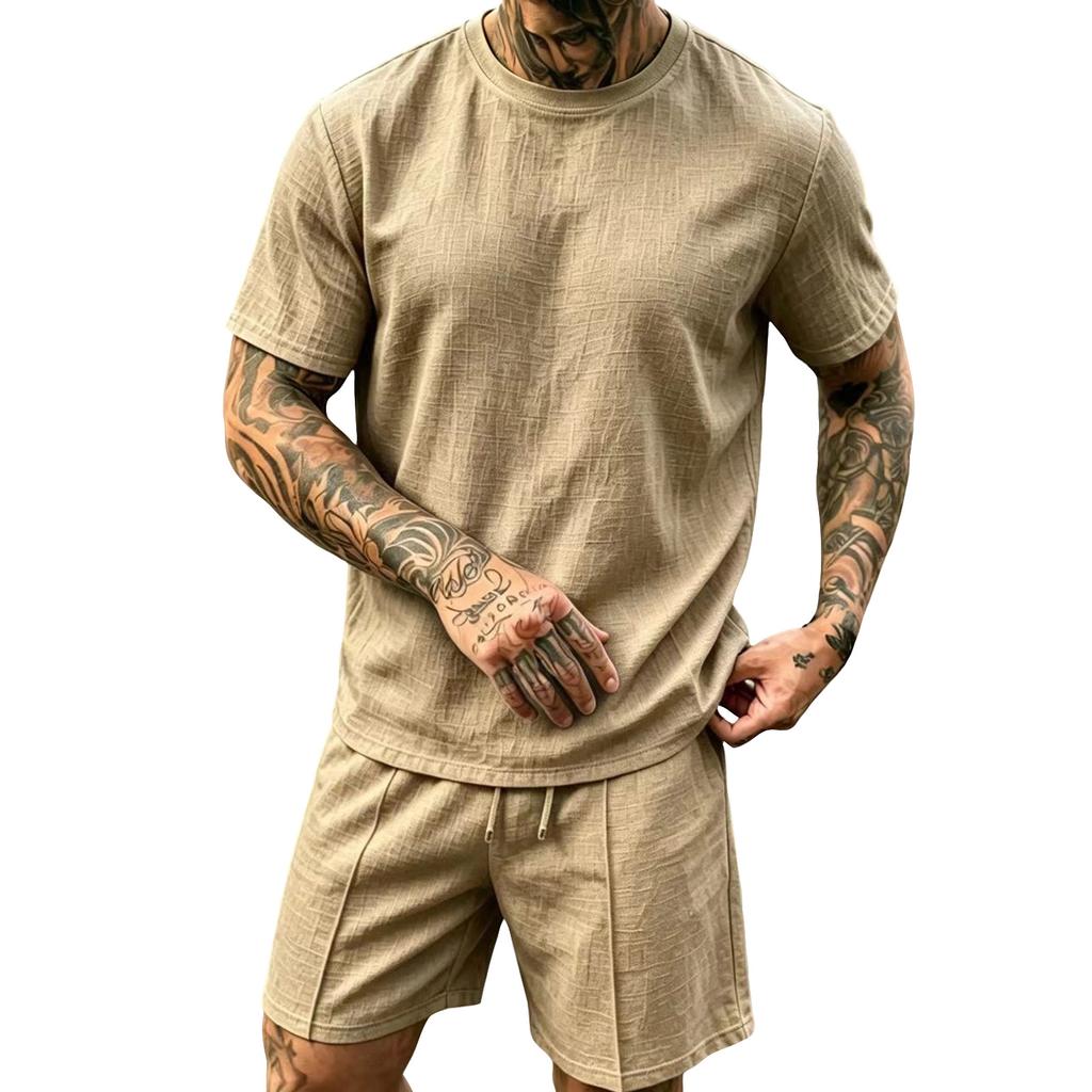 Herren Leinen Kurzarm Rundhals Oberteil und Shorts Set Leicht Atmungsaktiv Lässiges Sommer Outfit Geeignet für Draußen und Drinnen