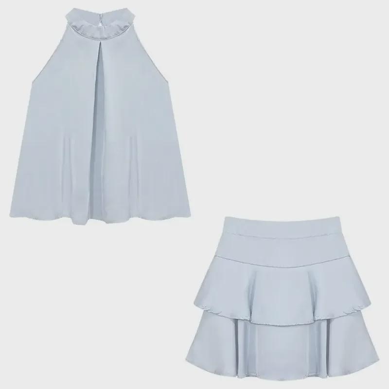 Petite Summer Two-Piece Skirt Suit: French Halter Neck Camisole with Ruffled Skirt.