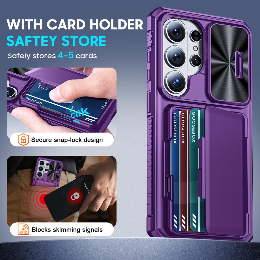 Su kortelių laikikliu, slankiojančiu kameros dangteliu ir stoveliu, skirtas Samsung Galaxy S26 Ultra telefono dėklas, apsaugantis nuo kritimo, PC+TPU piniginės dėklas - Violetinis