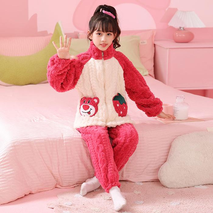 

Пижама из кораллового флиса для девочек осень/зима - милый мультяшный рисунок, на молнии, воротник-стойка, размеры от маленьких до средних 12 (120-130CM)