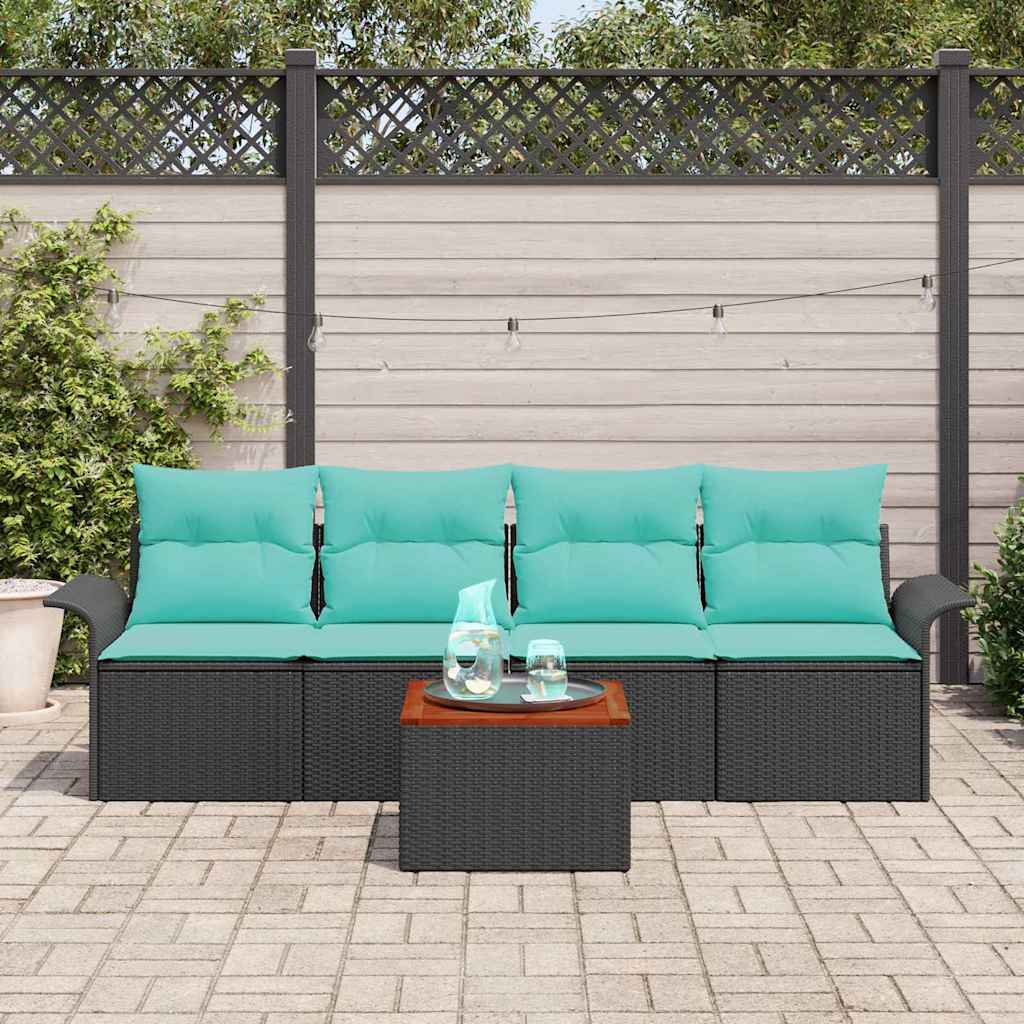 Garden Sofa Set 5 pcs Black and Turquoise Poly Rattan