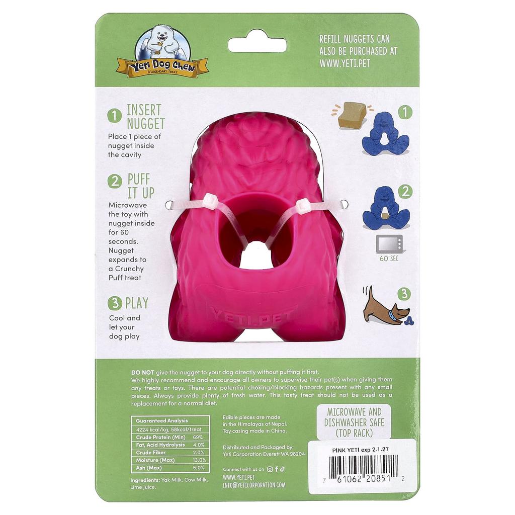 Yeti Dog Chew, Puff & Play, Treat Dispenser, Yeti Dog Chew Nuggets, Pink, 4 Nuggets, 1 Dispenser
