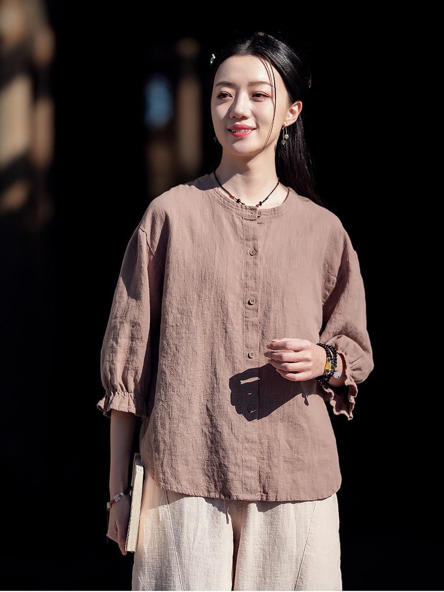 

Johnature женские винтажные рубашки с круглым вырезом и половиной рукава, однотонные блузки, летние рубашки на пуговицах в китайском стиле One Size света кофе