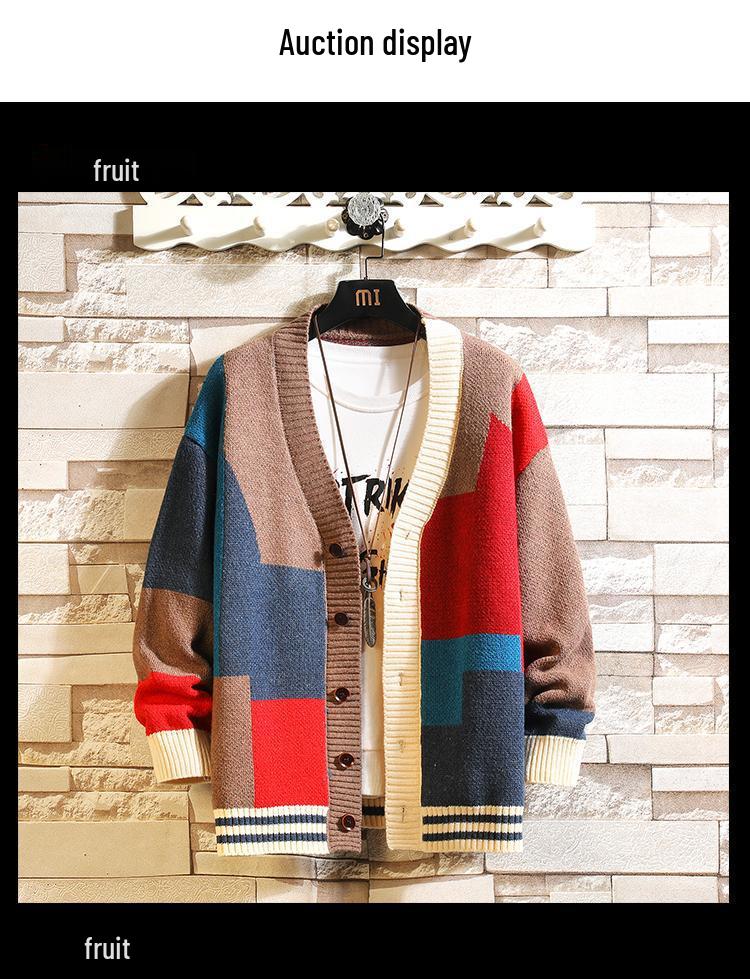 Men's V-Neck Knitted Cardigan Sweater - Autumn/Winter Fashion, Loose-Fit, Long-Sleeved, Stylish Stitch Design.