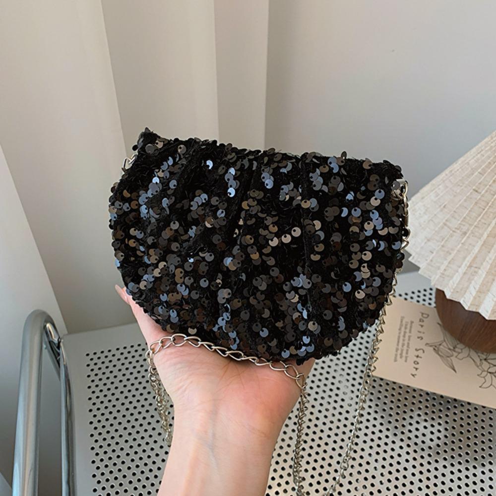 Polyester Sequin Shoulder Bag Zipper Bling Chain Bag Shell Bag Sparkling Crossbody Bag  Women