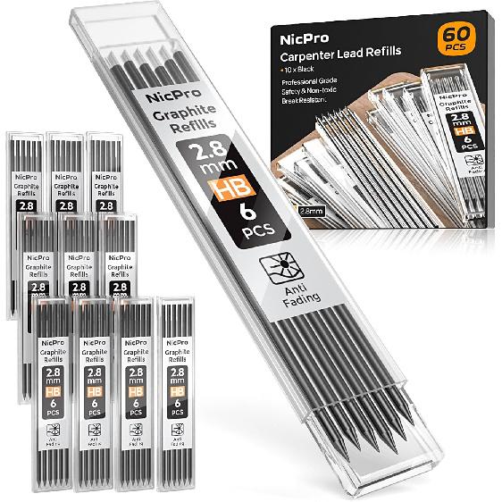 Nicpro 60 Pieces Carpenter Pencil Lead Refills 2.8mm, Lead Refill for Mechanical Carpenter Pencil, Break Resistant 2.8 mm Leads for Construction