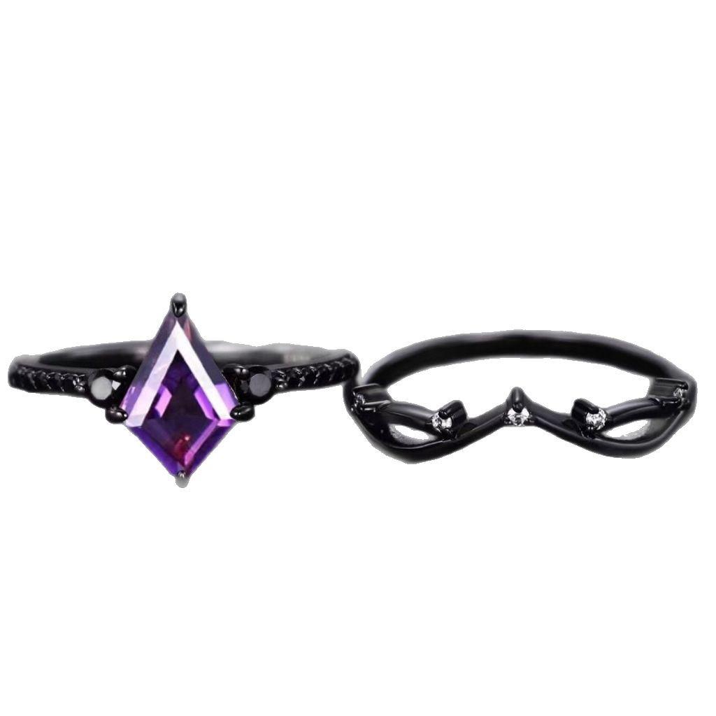 Three Heroes Retro Amethyst Gemstone & Diamond Couple Rings in Gun Black Finish