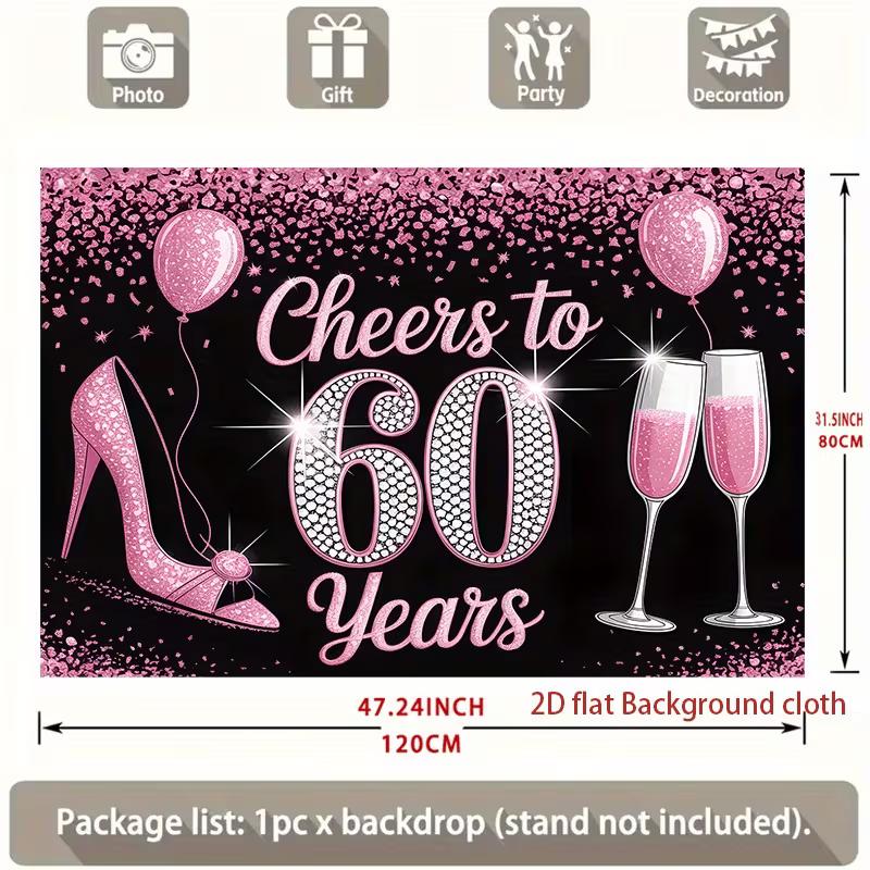 2D Pink Black 60th Birthday Backdrop, Women 60 Years Old Party Background