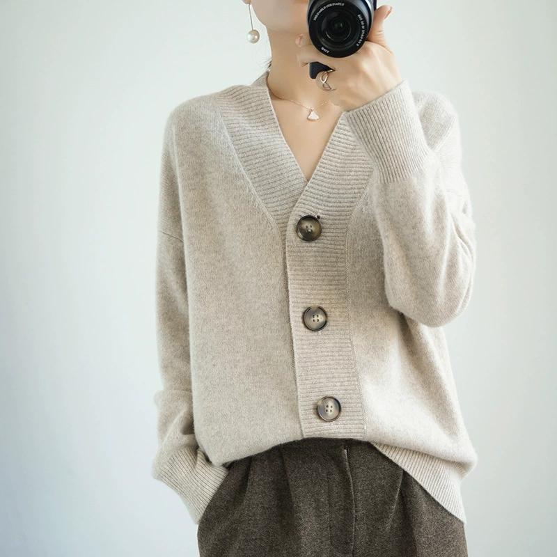 Spring and Autumn Loose Plus Size Cardigan Women's V-neck Knitted Sweater Solid Color Button Lazy Jacket Top