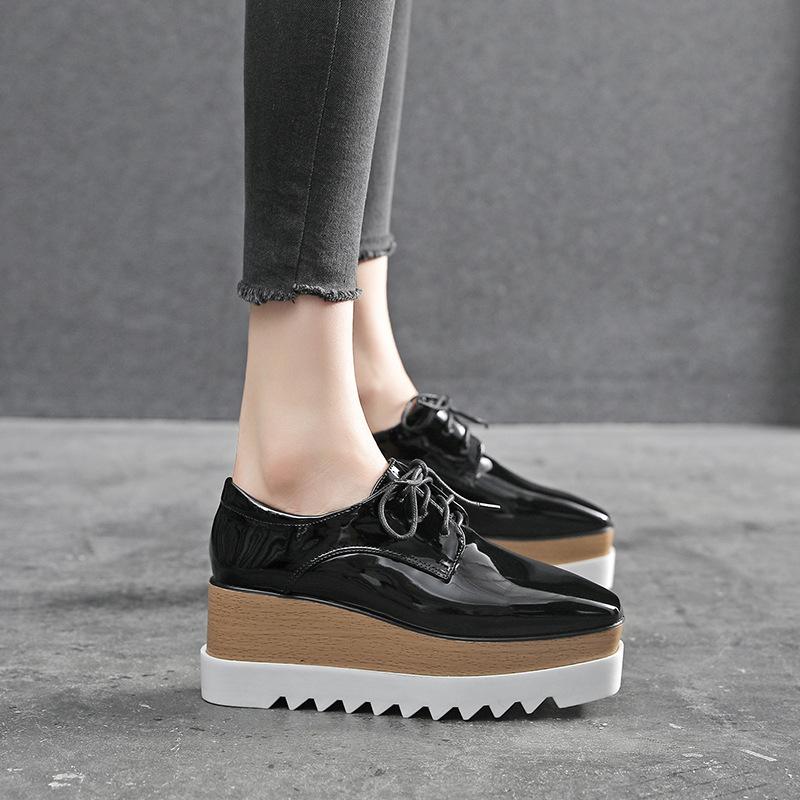 Fashion Anti Slip Thick Soled Shoes for Women Lace Up Patent Leather Star Casual Shoes Suqare Toe Elegant High Heel Pumps Size 34-40