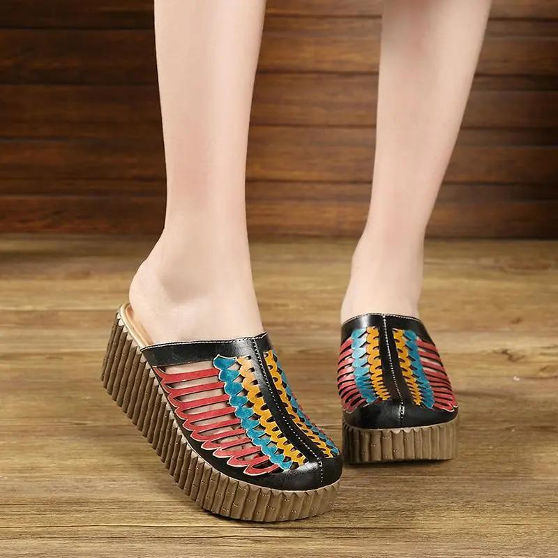 

Fashion GKTINOO 2025 Summer Shoes Women Wedge Slides Cover Toes Handmade Flower Thick Heels Genuine Leather Lady Platform Slippers 9