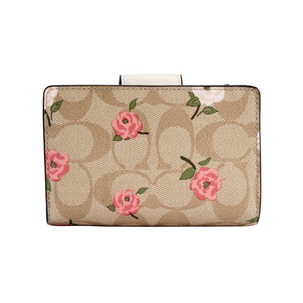 Coach Corner Zip 13 Floral Print Logo Coated Canvas And Leather Wallet Women Wallet Gold Light-Khaki Multicolor CR968-IMOTV