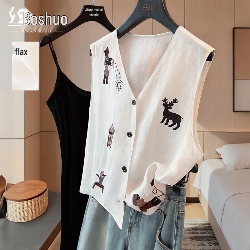 Women s Linen Embroidered V-Neck Vest L