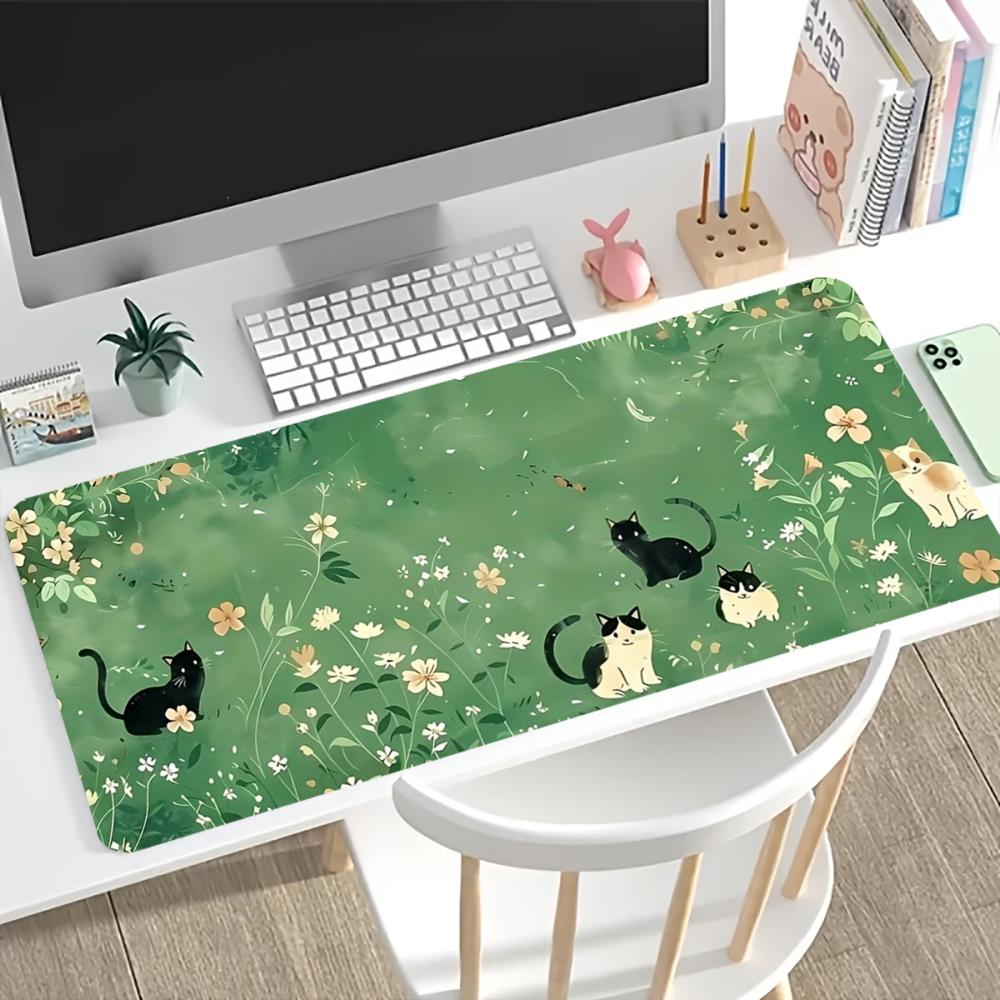 Floral Cute Cat Large Gaming Mouse Pad Non Slip Rubber Lock Edge Extended Desk Mat For Gamers Office Laptop Desktop Work Setup