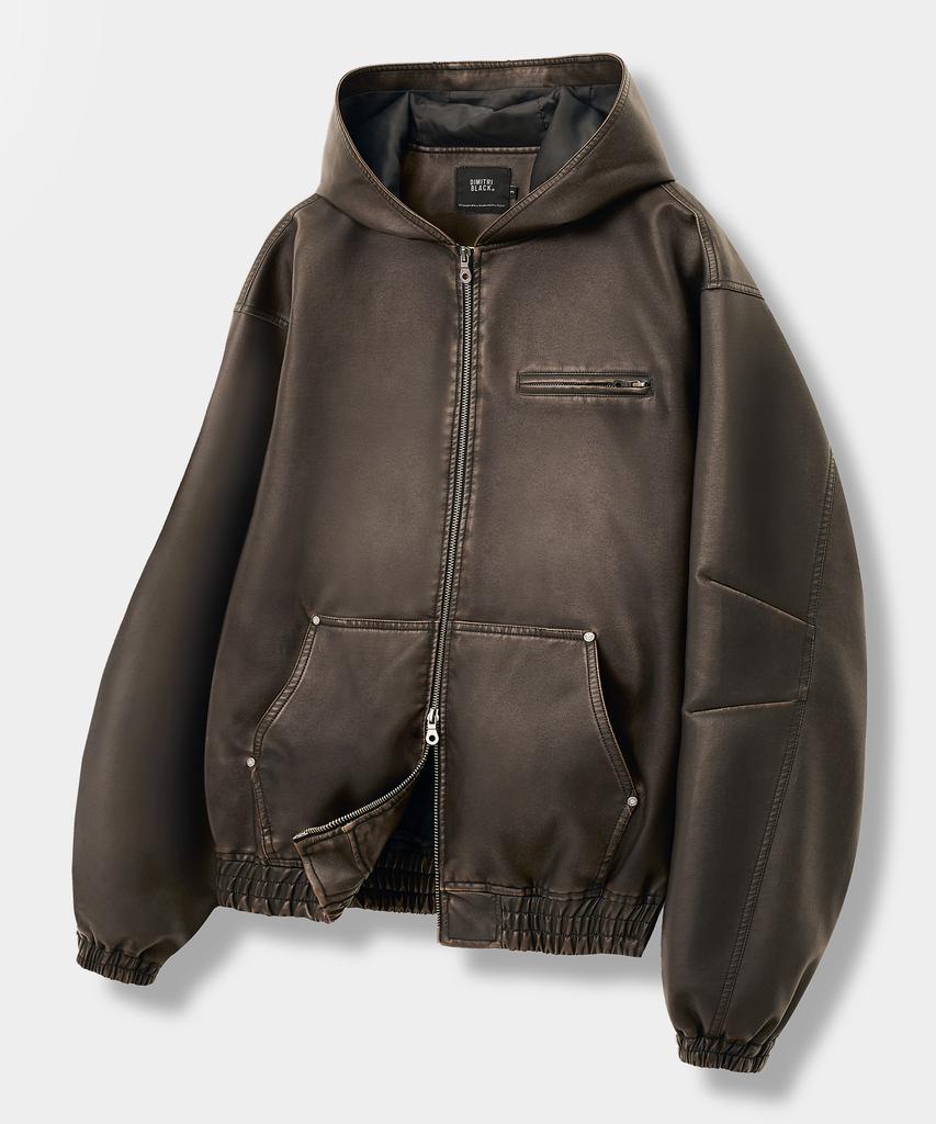 Dimitri Black 2Way Vtg Washed Pu Zip-Up Hoodie_Brown