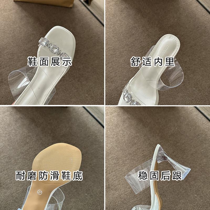 French Rhinestone One-word Slippers for Women's Summer Wear 2025 New Transparent Crystal and Foreign Sexy High-heeled Sandals