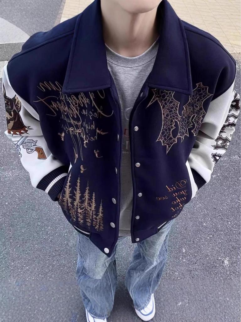 Unisex Guochao Letter Embroidery Baseball Jacket - Spring & Autumn High Street Style