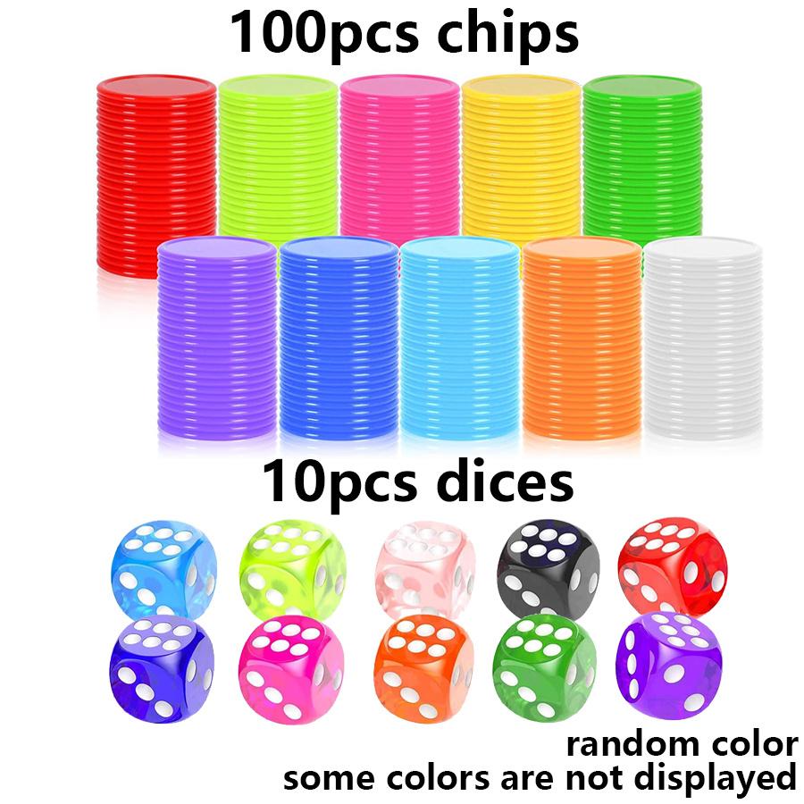 100 Chips & 10 Dices Set - 19mm Opaque Plastic Color Learning Counters Mini Poker Chips Game Tokens, Party Game Prop JXB