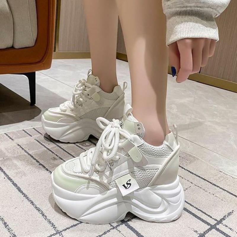 European Station 10 Height Increase Little White Shoes Women's Super Fire Spring and Autumn New Mesh Versatile Lace-Up Casual Shoes