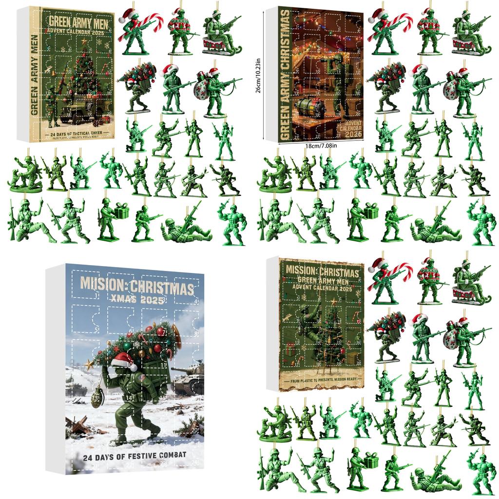 Weihnachts-Adventskalender-Überraschungsbox Mit Grünen Armeefiguren Acryl-Anhänger Für Feiertagsdekoration Und Geschenke