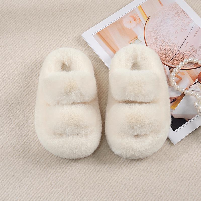 Children's Slippers Girls Open Toe Plush Fur Shoes Kids Soild Warm  Indoor Non Slip Rubber BottomMulti-style Cotton Slipper