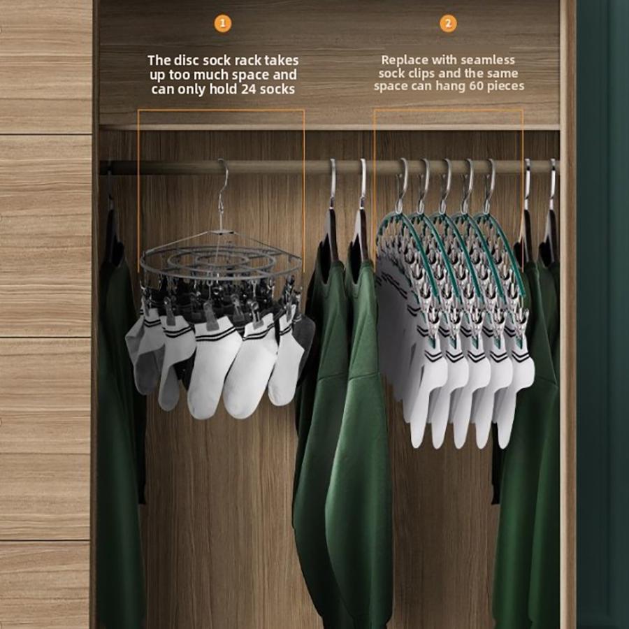 1/2/3pcs Clothes Hanger with 10 Clips Laundry Drying Rack Clothes Drying Rack Stainless Steel Sock Hangers Windproof Clip