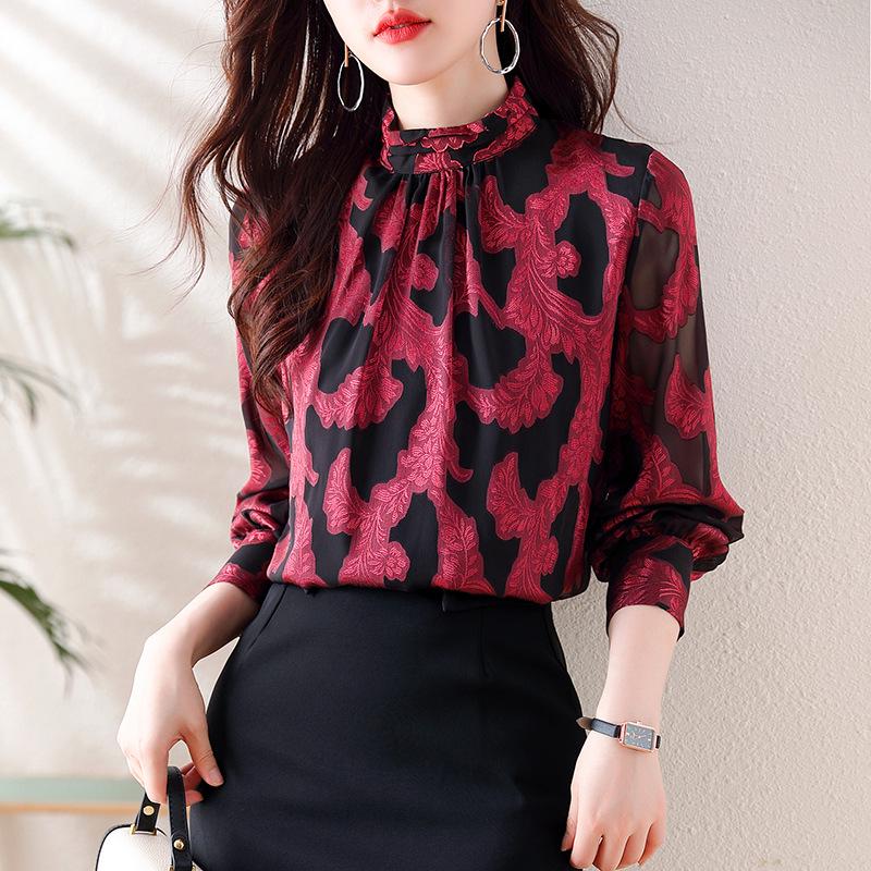 

2024 Women s Retro French-Style Jacquard Long-Sleeve Light Luxury Top M червоний