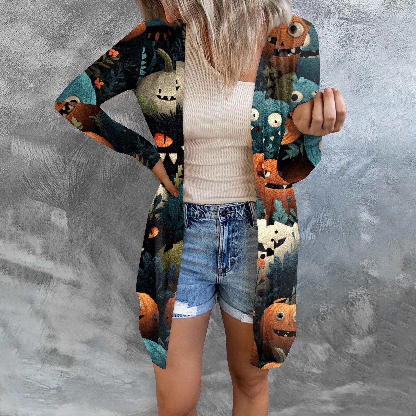 

Женский повседневный кардиган, топ с длинными рукавами и карманами с принтом на Хэллоуин S