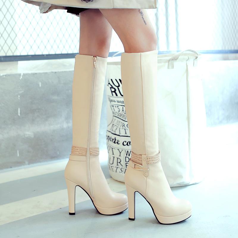 Moteriški aukštakulniai batai rudens ir žiemos nauji vandeniui atsparūs stalo storu kulnu didelio dydžio universalūs vidutinio ilgio batai